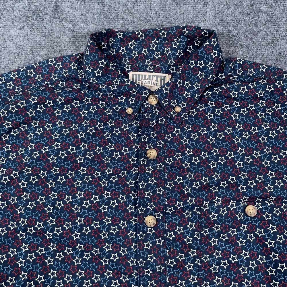 Duluth Trading Co Short Sleeve Button Down Men XL AOP USA Stars Blue America